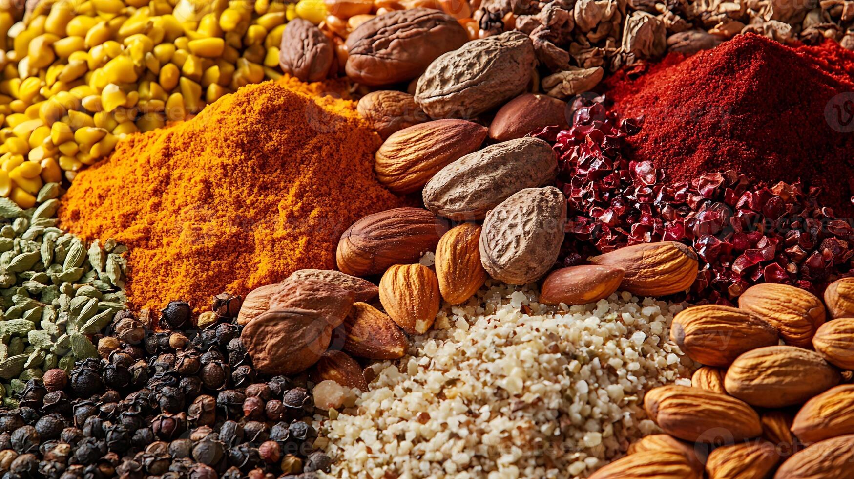 Rich Display of Colorful Nuts and Spices in a Wide Frame photo