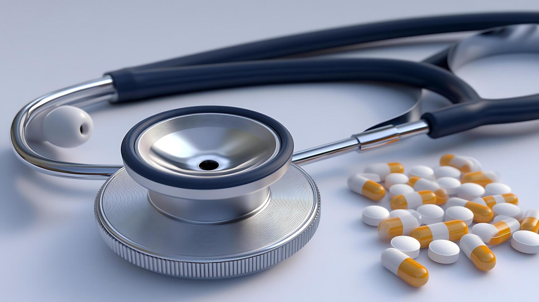 Medical Close-Up Perspective Featuring Stethoscope and Pills Together photo