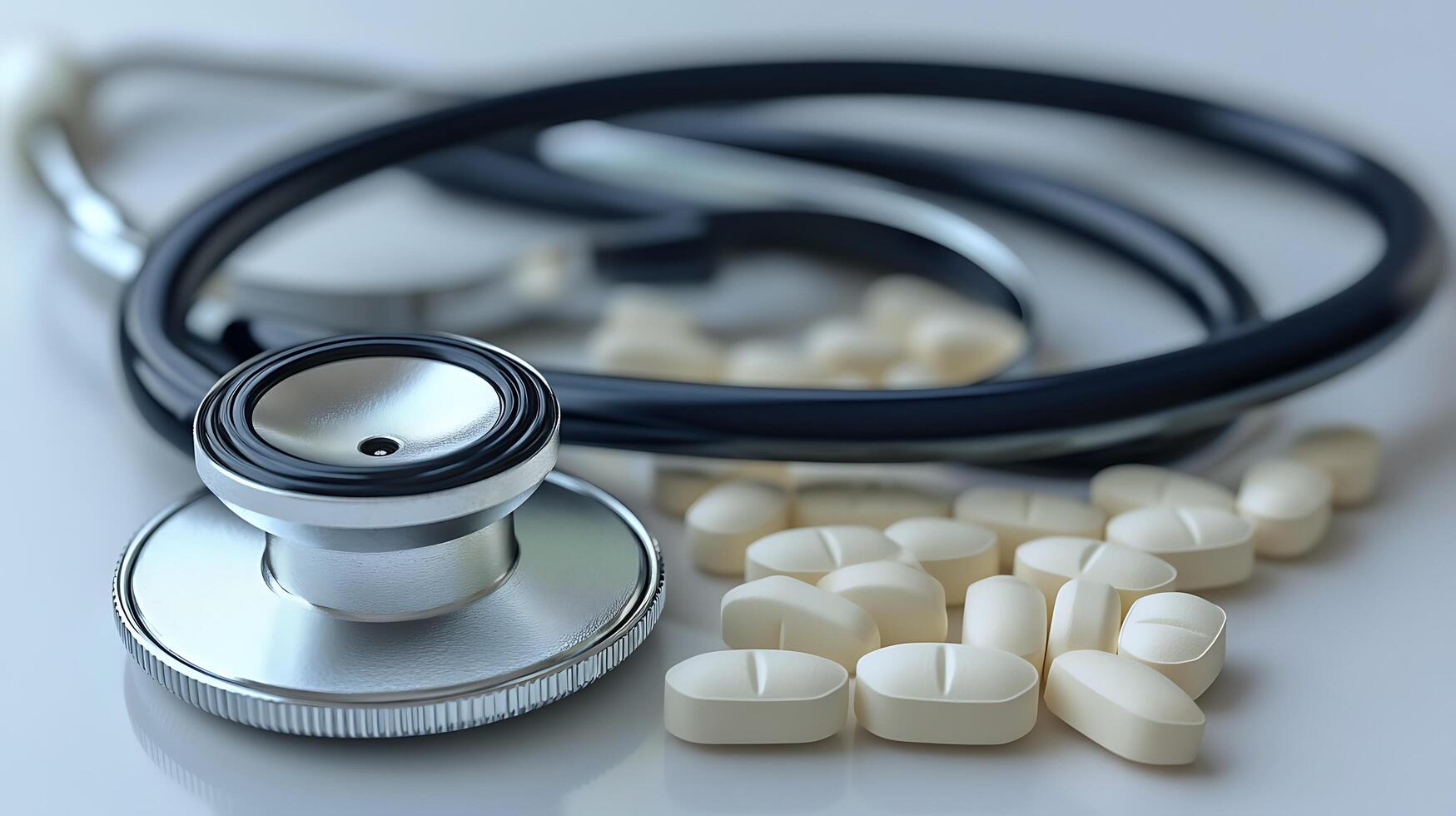 Stethoscope and Pills Close-Up Representing Healthcare Equipment Essentials photo