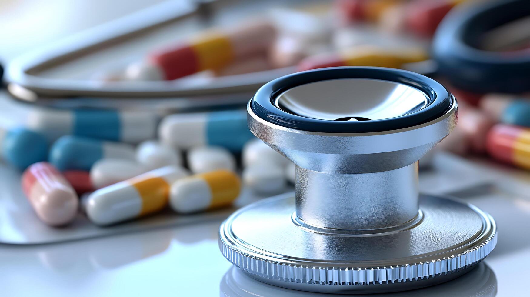Close-Up of Stethoscope and Pills Representing Modern Medical Concepts photo