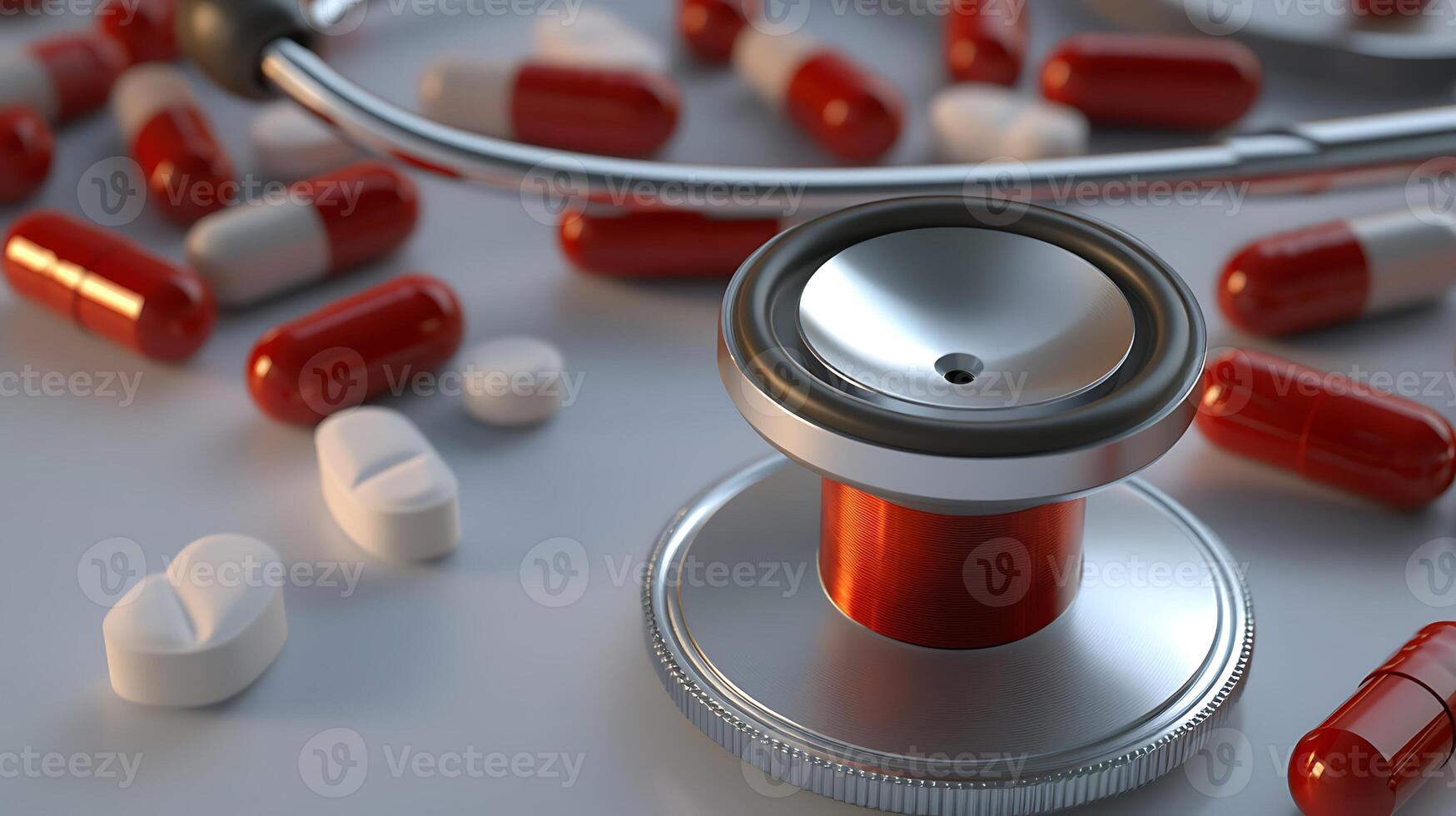 Close-Up Medical Perspective Featuring Stethoscope and Pills in Detail photo
