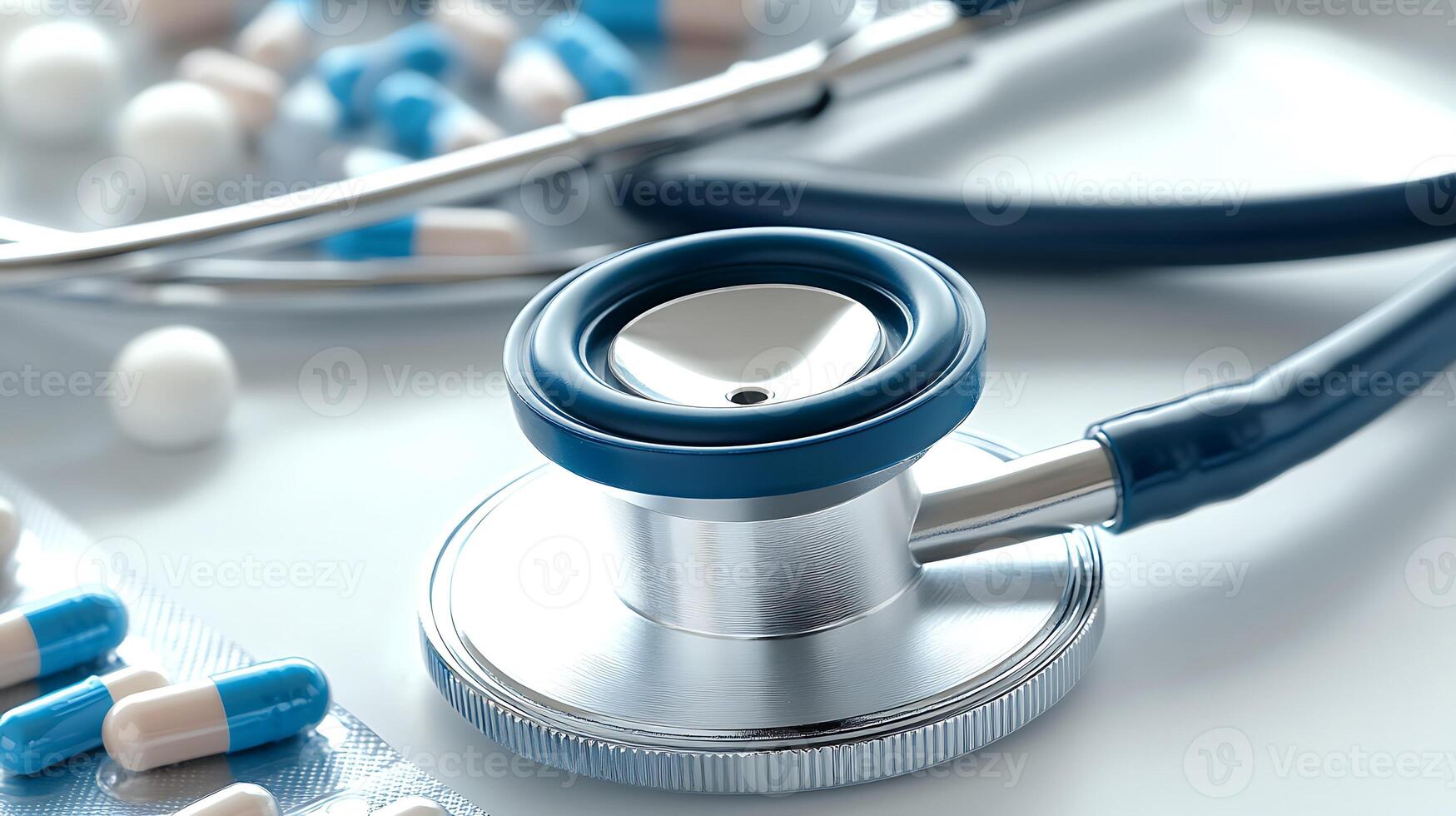 Ultra-Realistic Stethoscope and Pills in a Vibrant Medical Perspective photo