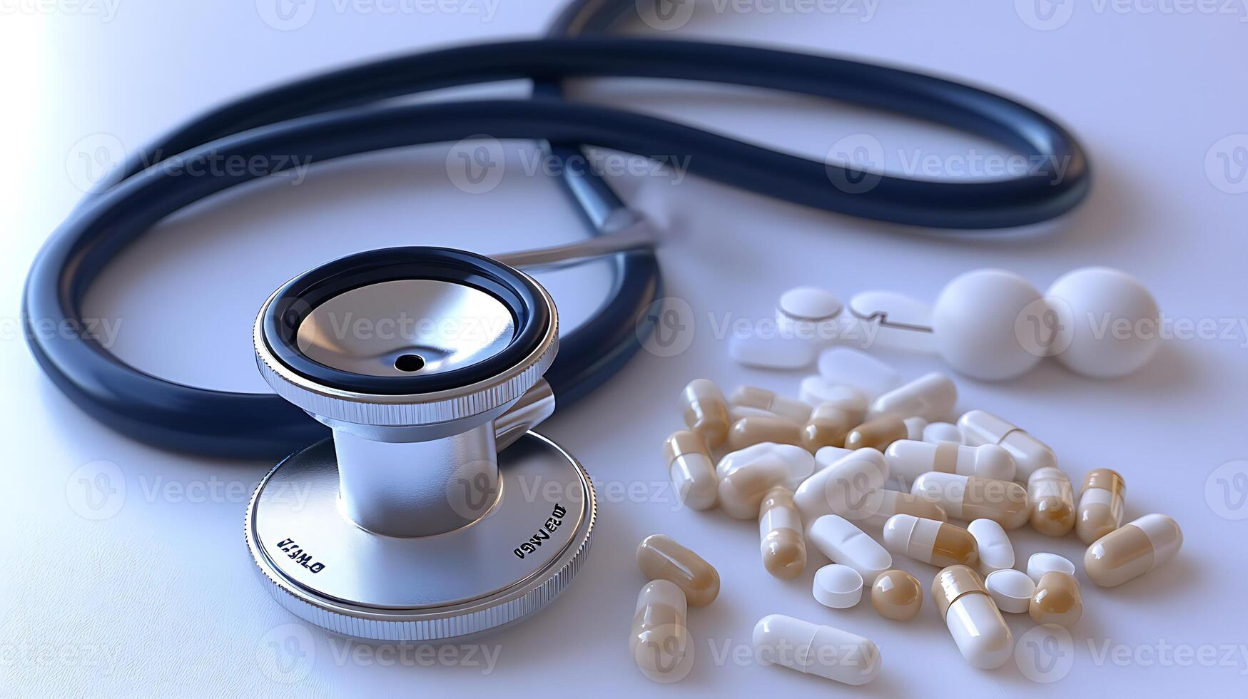 Ultra-Realistic View of Pills and Stethoscope in Healthcare Context photo