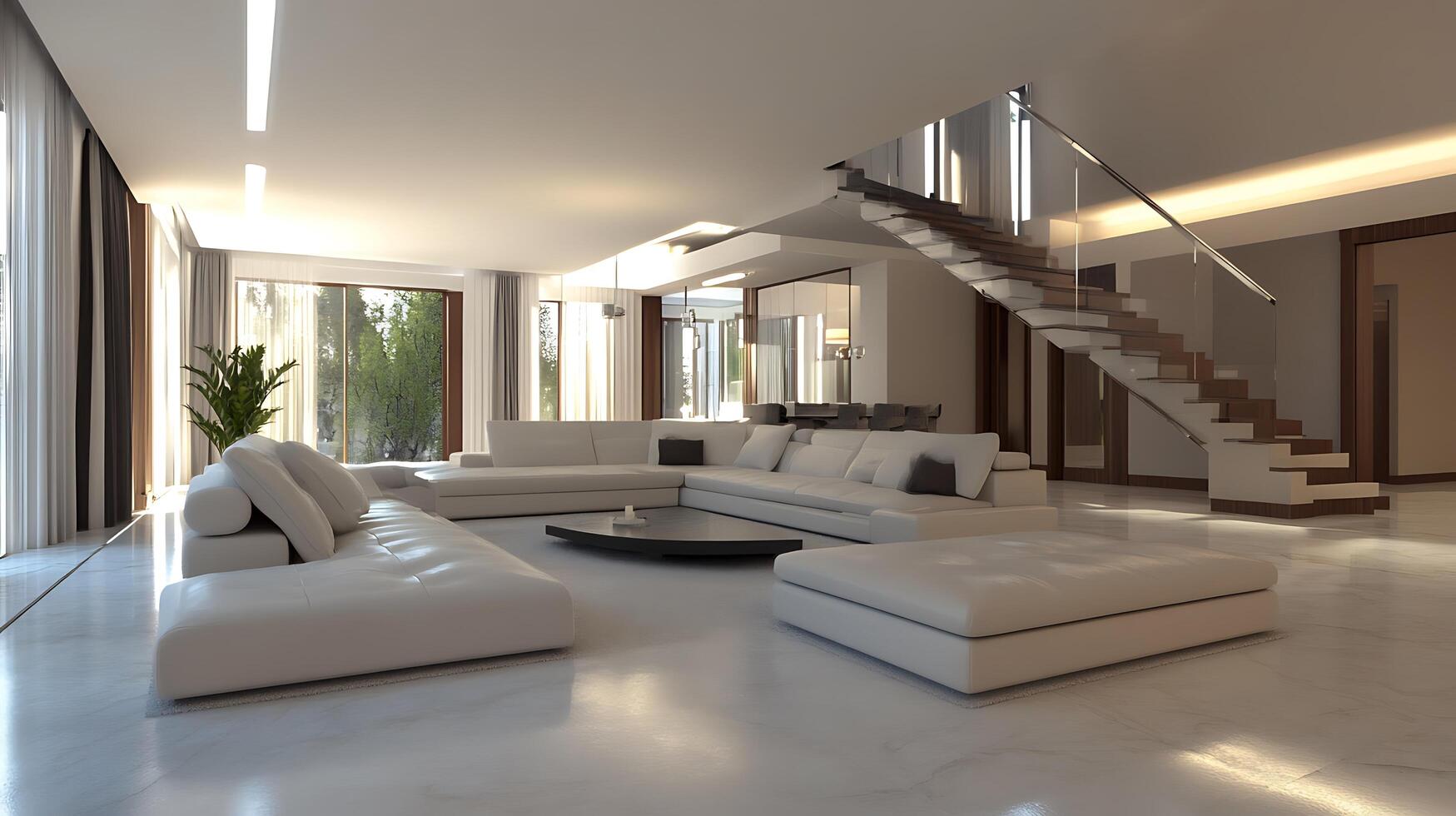 Contemporary Living Room with an Open Layout and Intricate Lighting Details photo