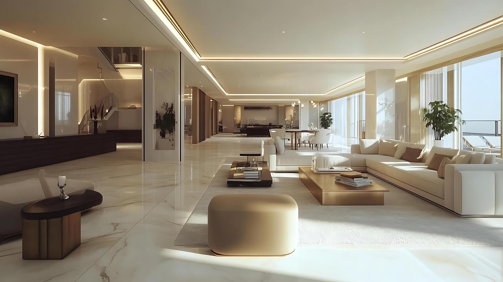Stylish Modern Living Room Design with Artistic Lighting and Open Space photo