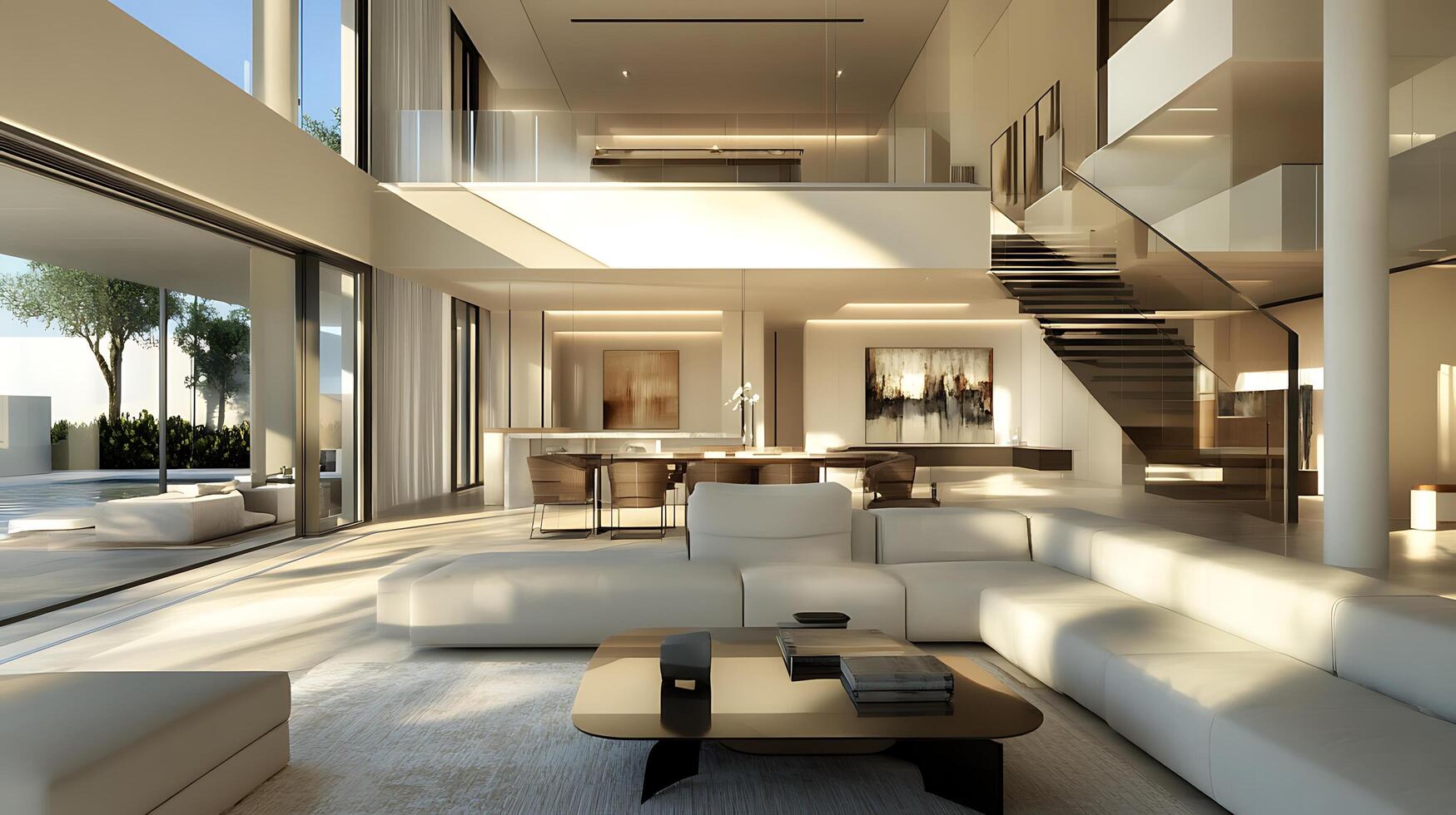 A Modern Living Room with Ample Space and Warm Lighting Accents photo