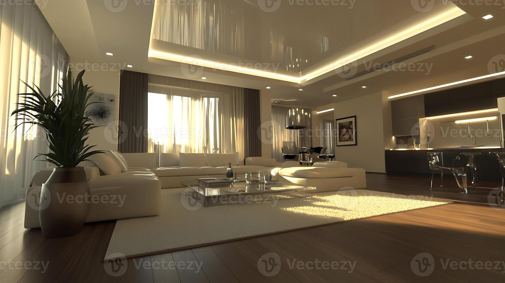 Elegant Modern Living Room with Expansive Space and Seamless Lighting Flow photo