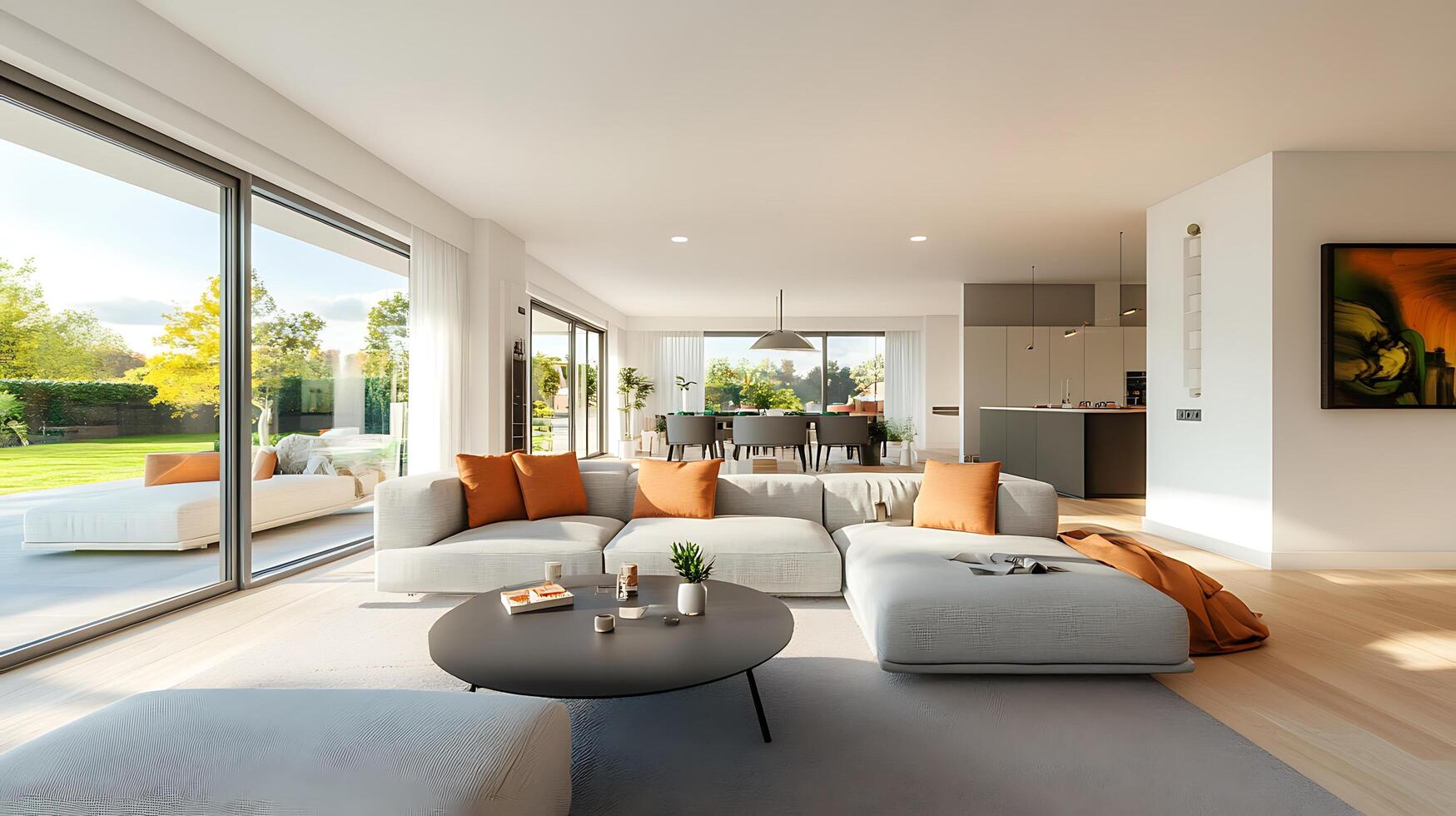 Spacious Modern Living Room with Open Layout and Large Windows photo
