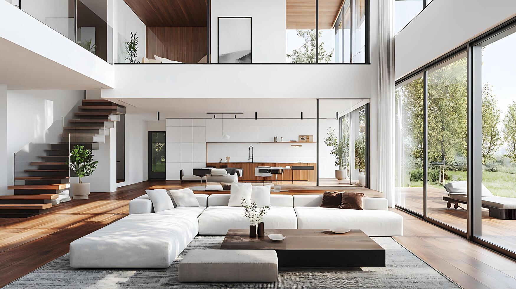 Sophisticated Living Room Style with Open Plan and Large Windows photo