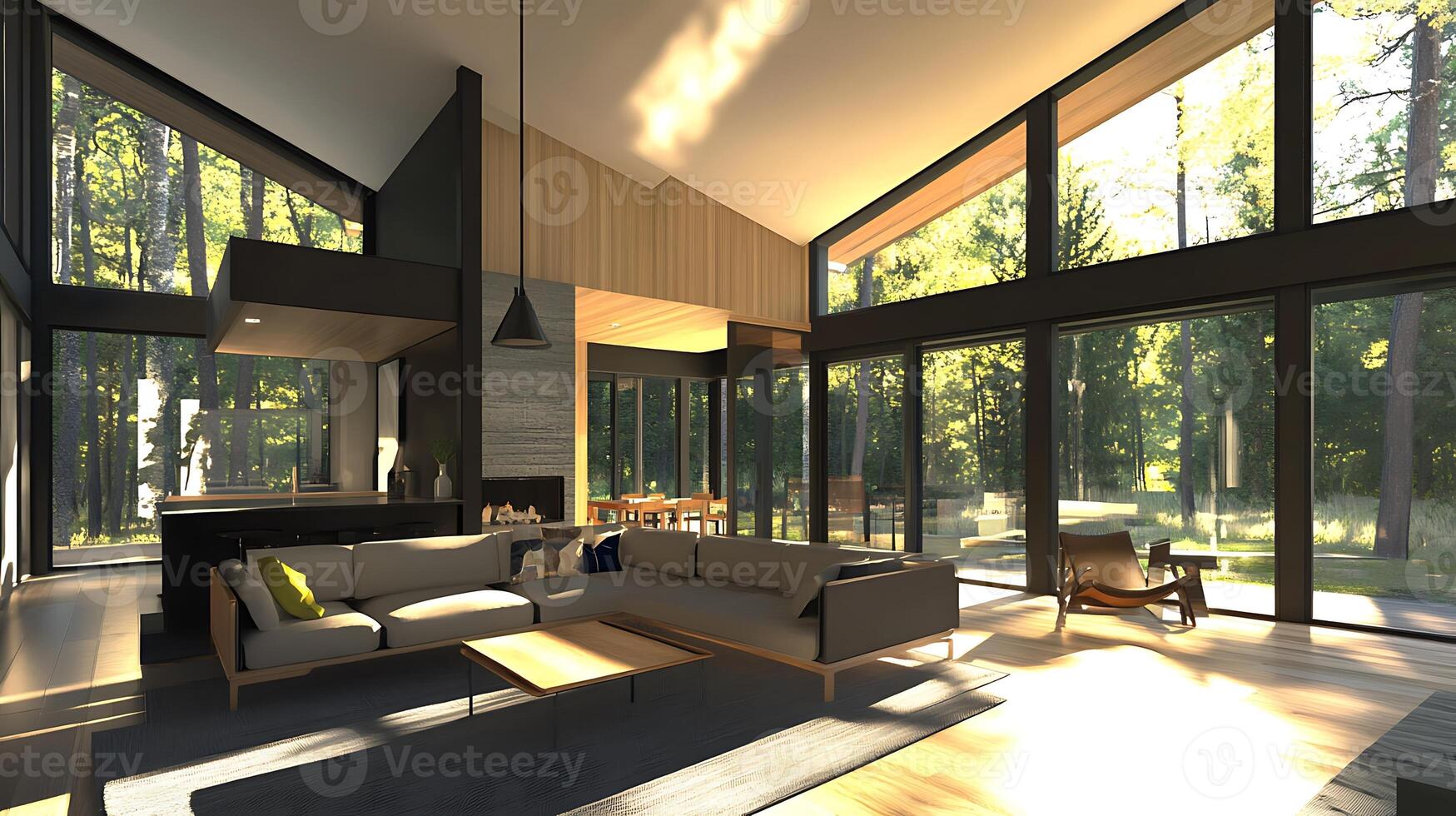 Open Living Room Showcasing Expansive Glass Window Features photo