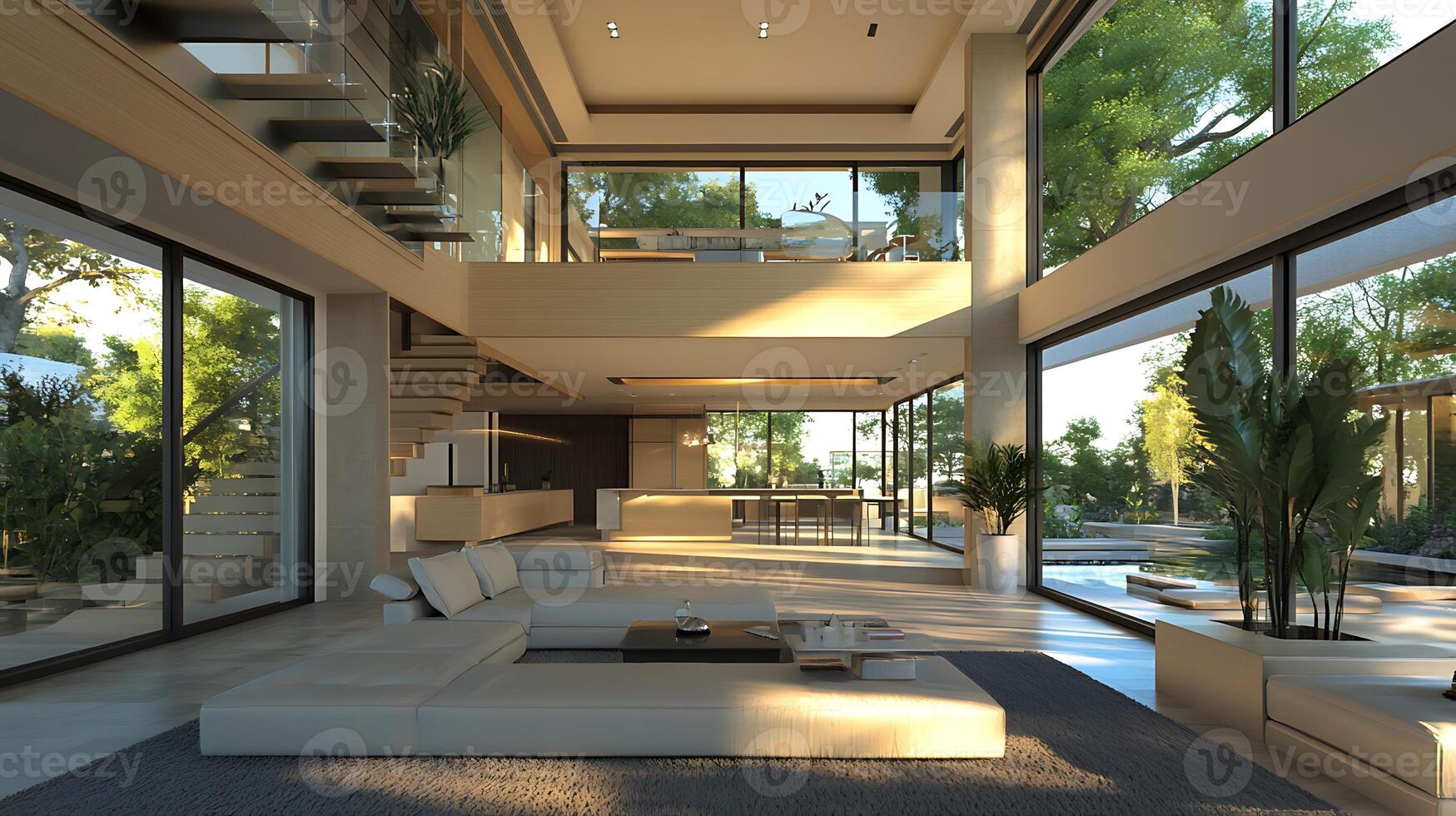 Modern Glass Accents Enhance the Open-Plan Living Room Interior photo