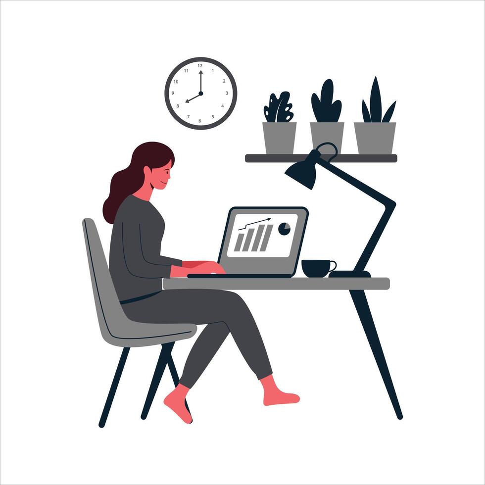 Illustration of Woman Working at Home Office with Laptop vector