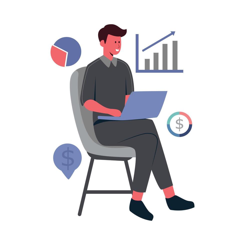 Illustration of Man Working on Laptop with Financial Data vector