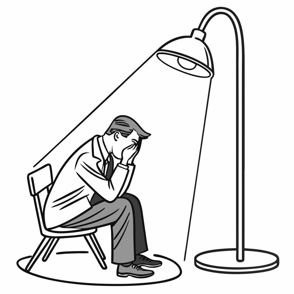 A man depression about work, sitting under light lamp vector