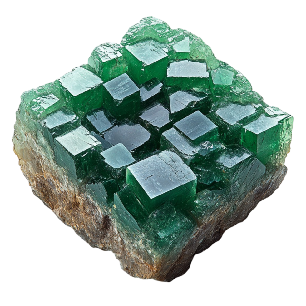 Green Crystal Cluster with Translucent Cubes on Rust-Colored Base png