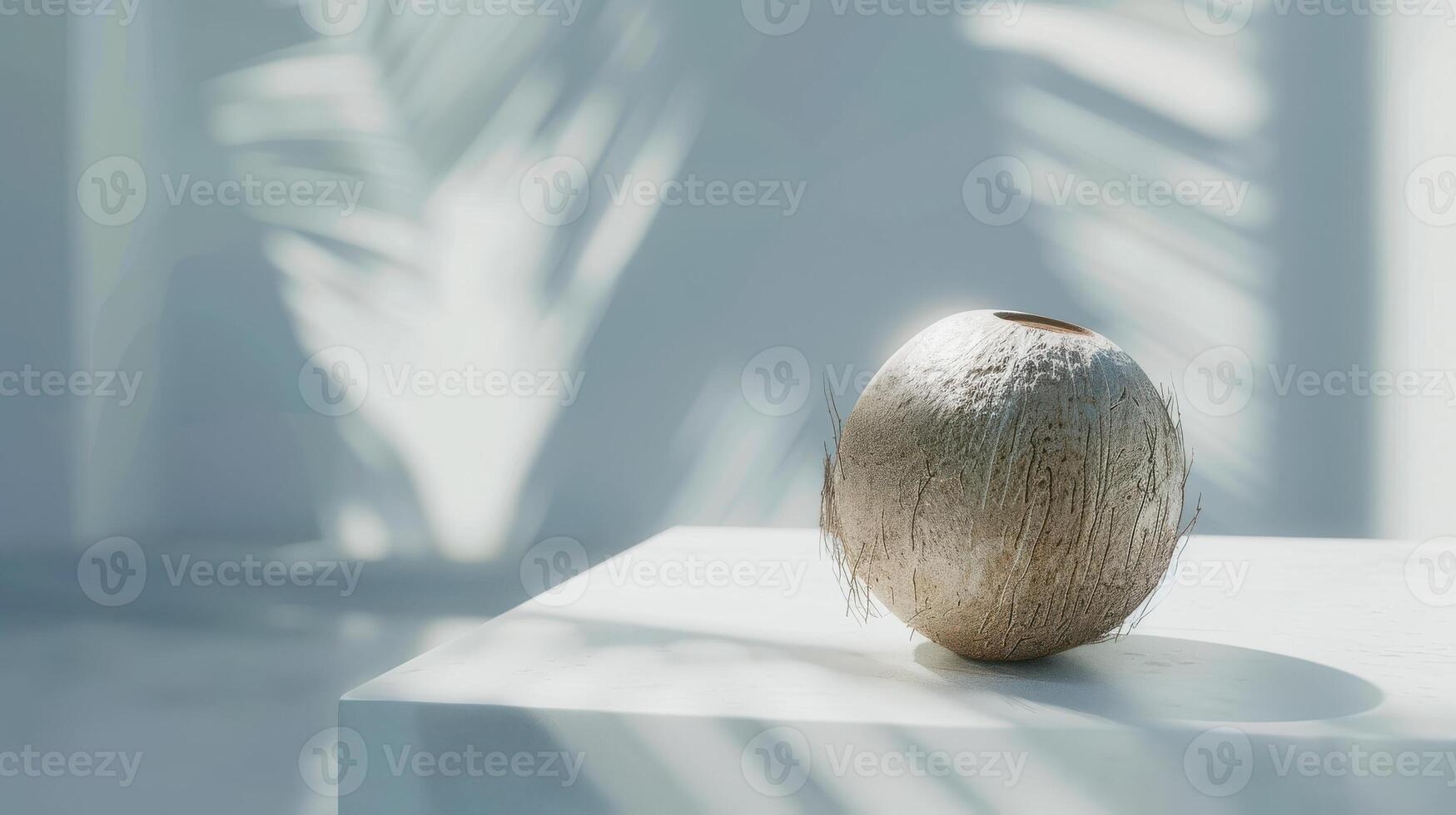 Single Coconut Shell Resting on White Surface With Palm Tree Shadow photo
