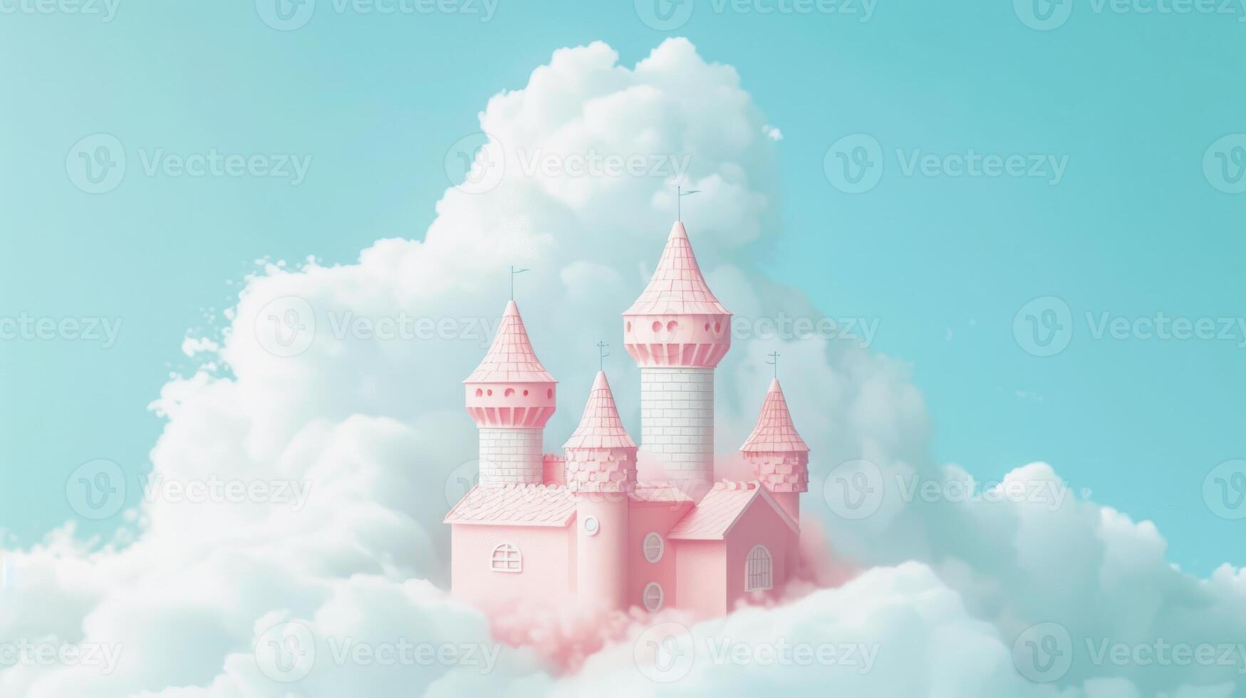 Pink Castle Floating Among Fluffy White Clouds in a Daytime Sky photo