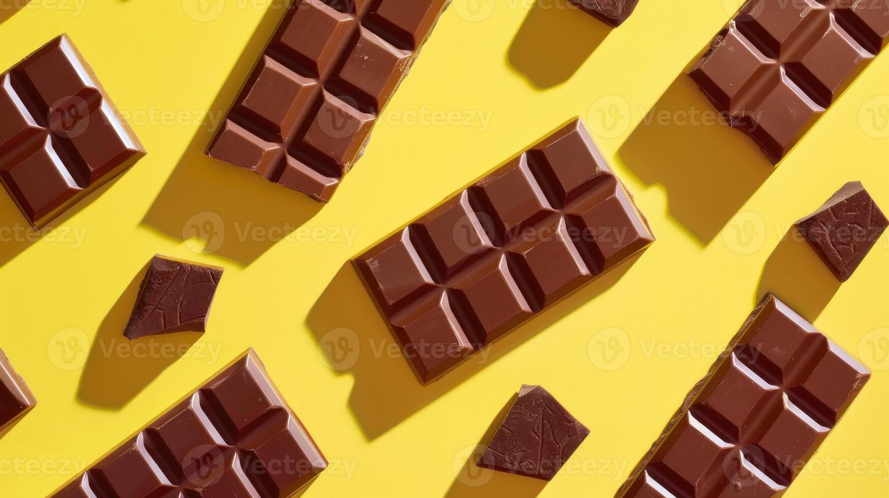 Milk Chocolate Bars Arranged on Yellow Background photo