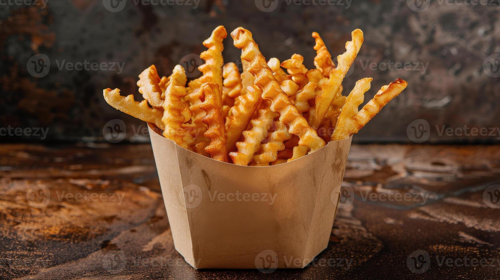 Crispy Waffle Fries in a Paper Container on a Wooden Table photo