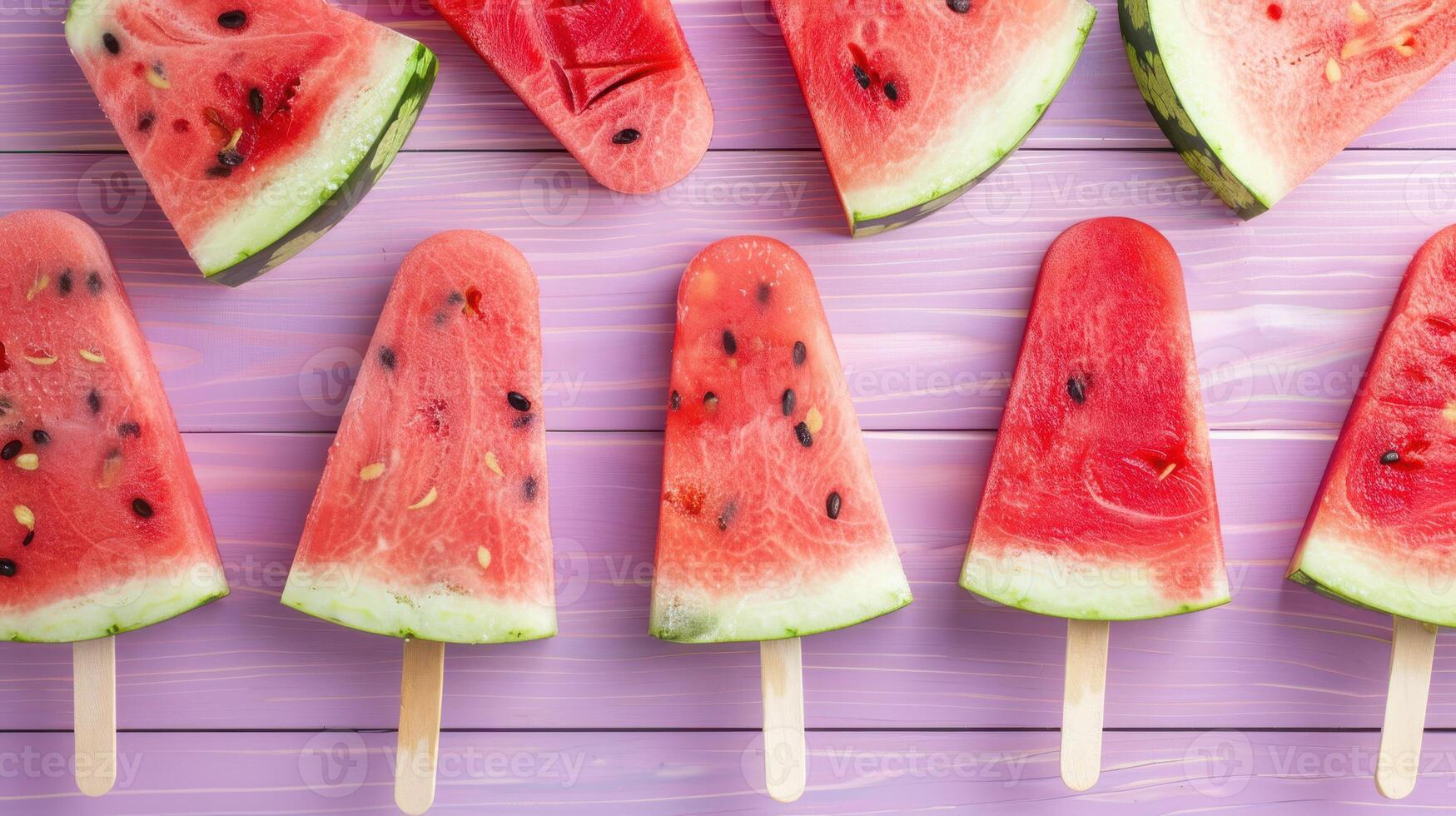 Watermelon Popsicles on a Purple Wooden Surface photo
