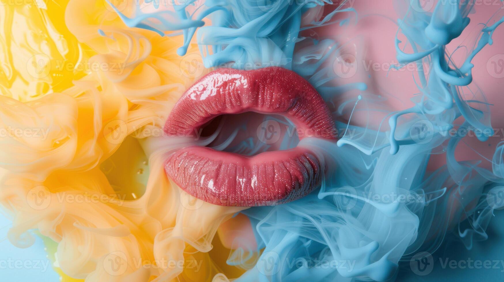 Close-Up of Pink Lips Surrounded by Blue and Yellow Ink Swirls photo