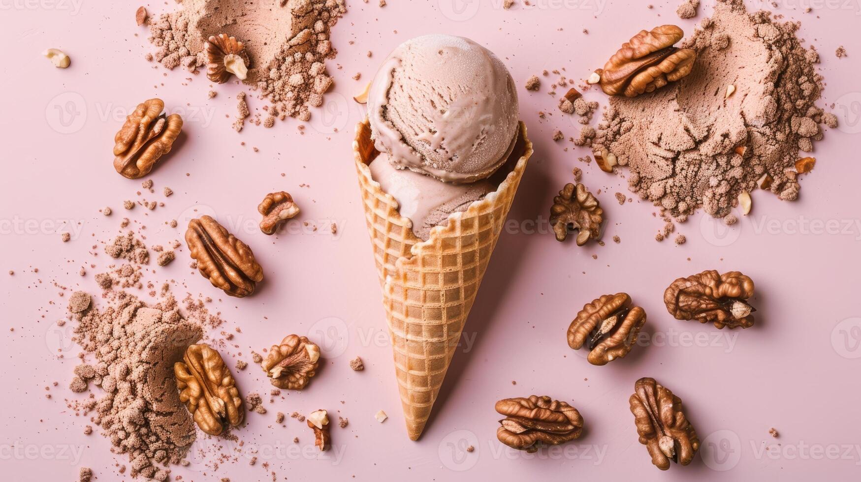A Single Scoop of Ice Cream in a Waffle Cone With Pecan Pieces and Powder on a Pink Background photo