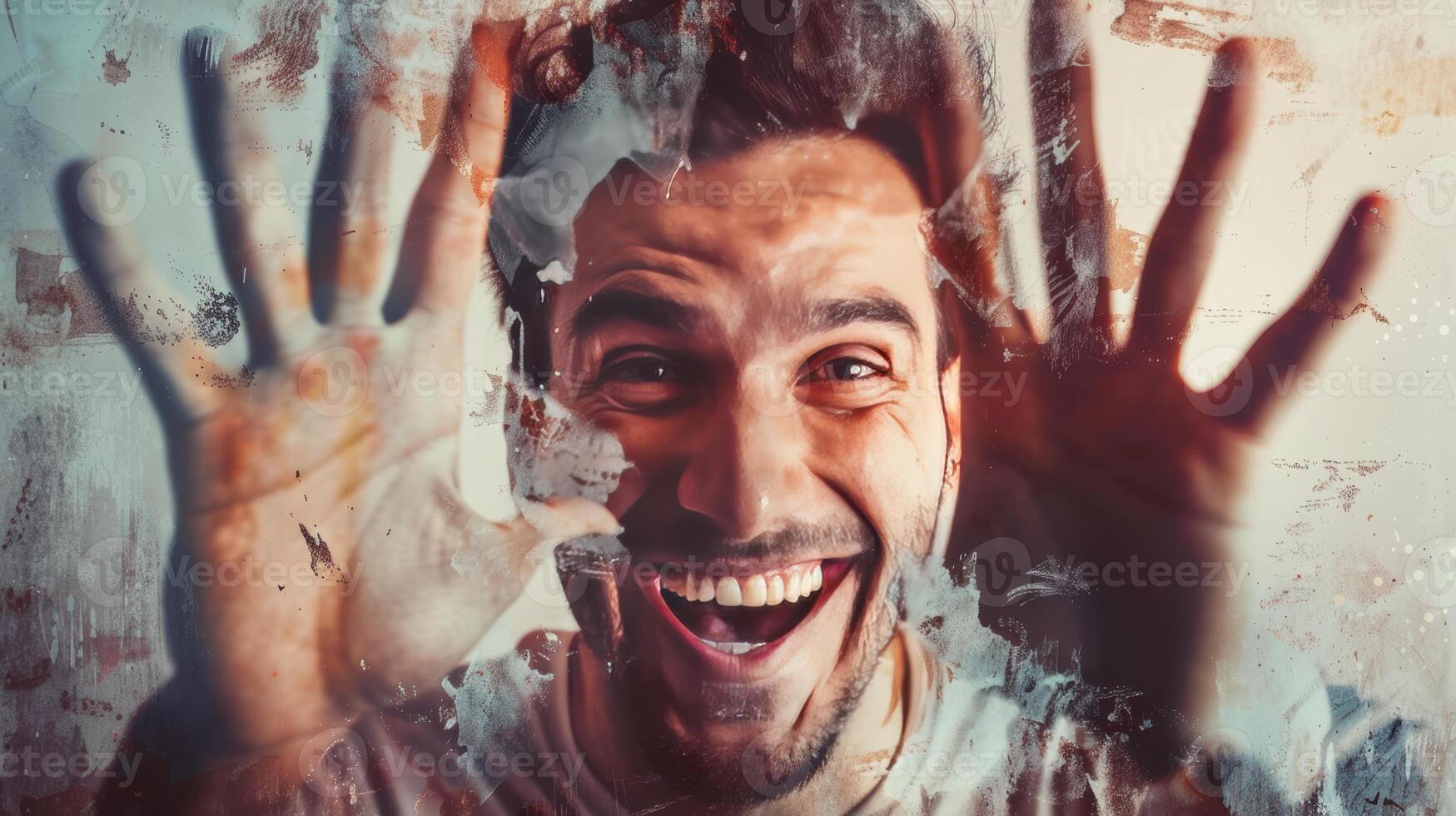 A Man's Joyful Expression Through a Distorted Glass Window photo