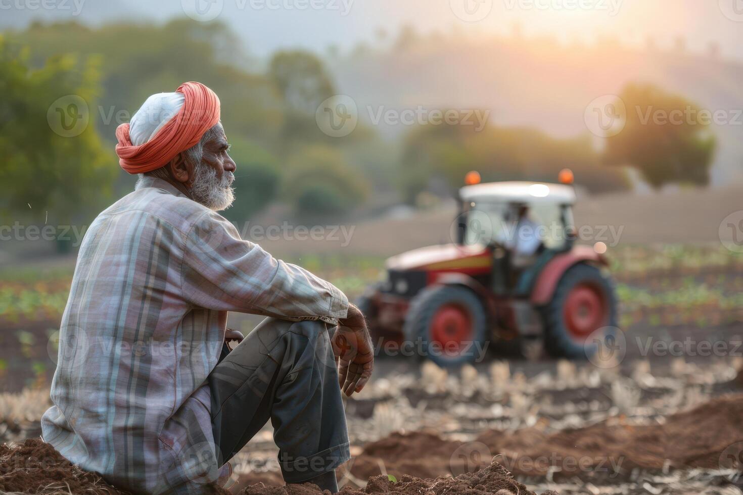 Senior Indian Farmer Working with a Tractor in an Agricultural Field, Demonstrating Traditional Farming Techniques photo