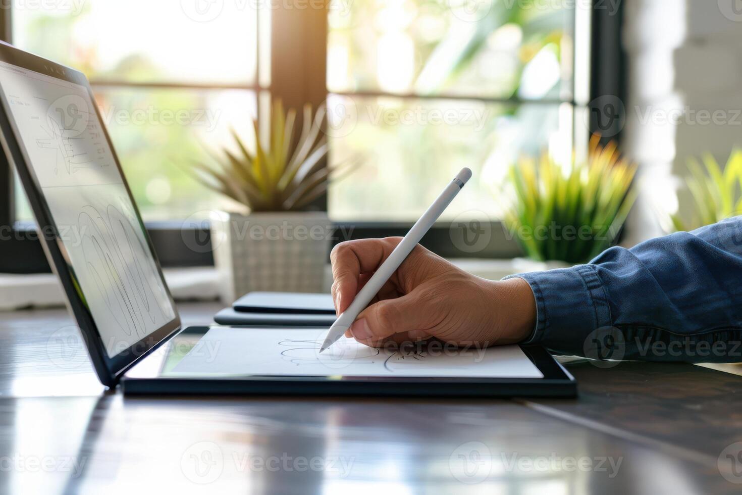 A man is writing on a laptop with a pen and a pen on a table photo
