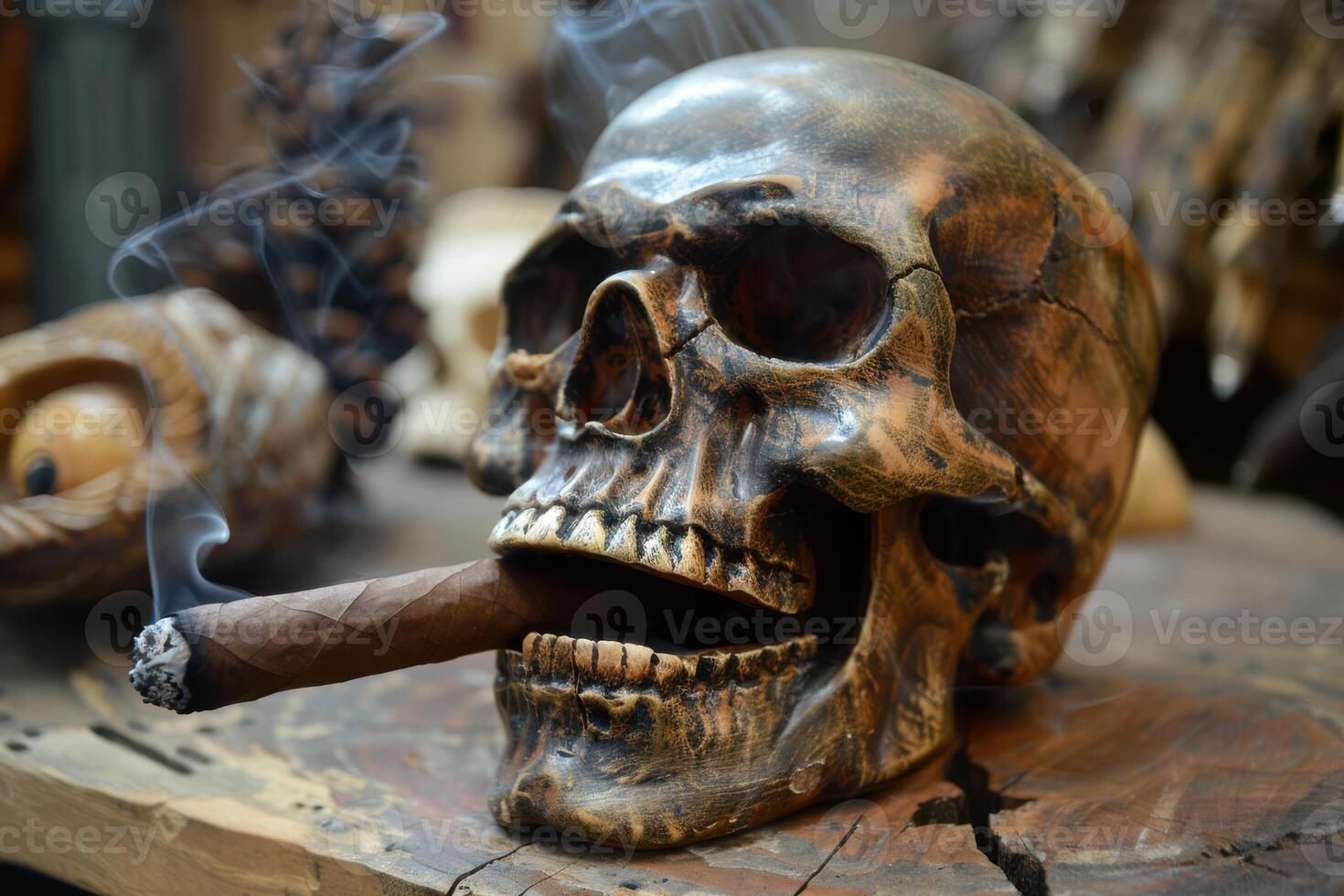 A skull with a cigar on a table photo