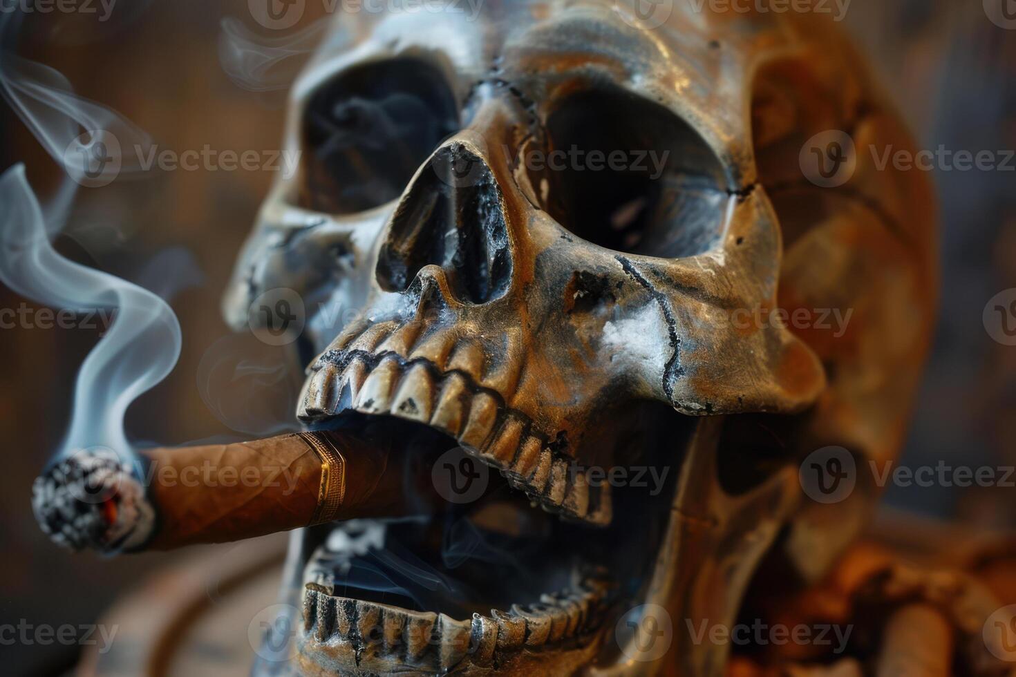 A close up of a skull with a cigar in its mouth photo