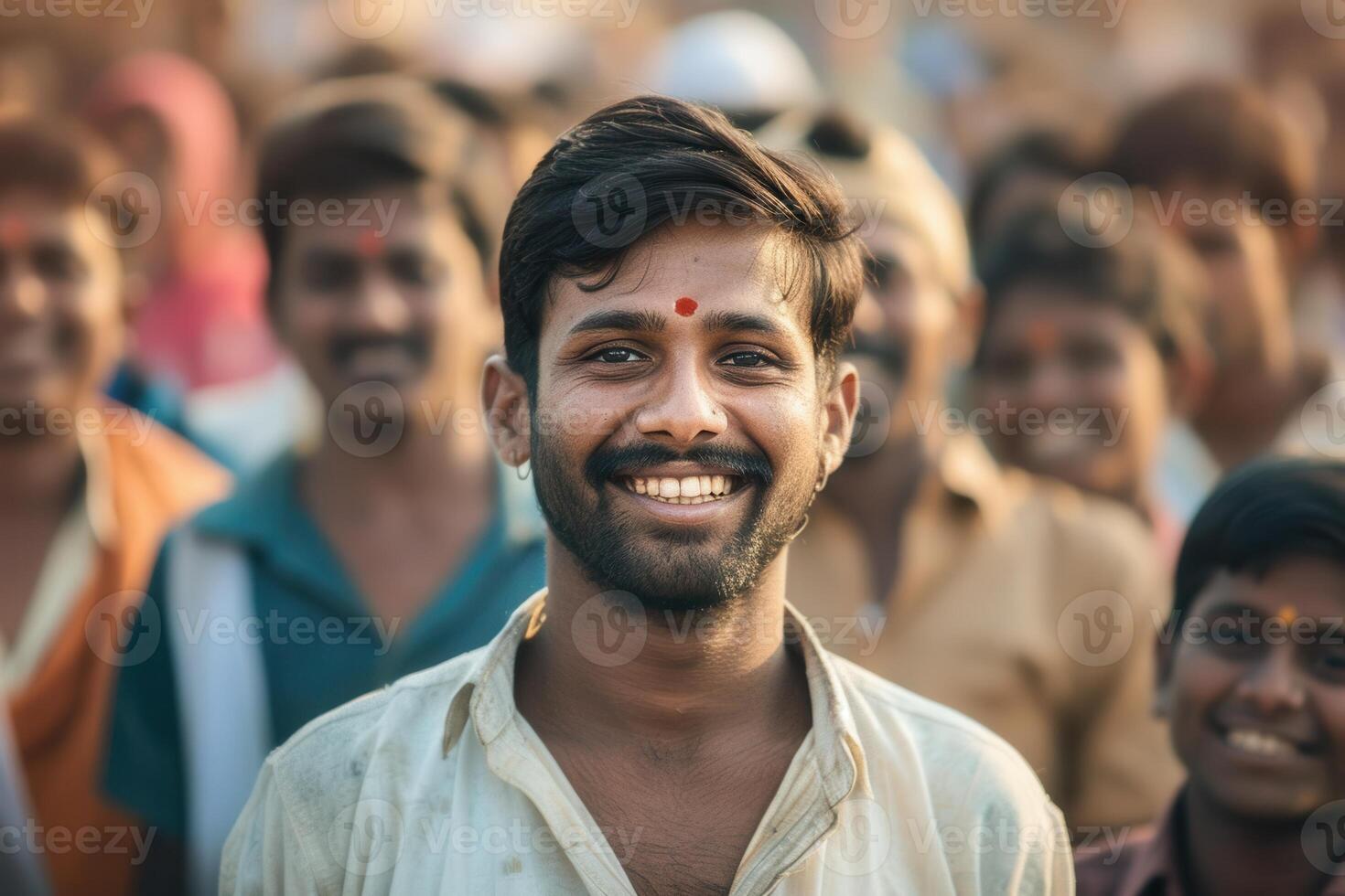 A man smiles in front of a crowd photo