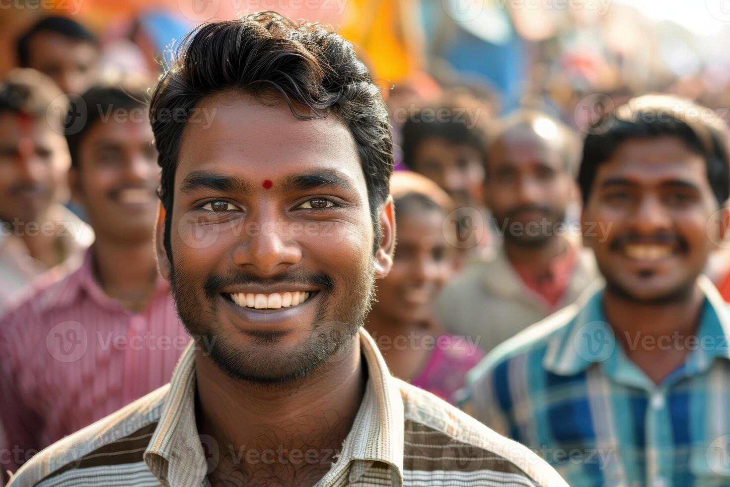 A man smiles in front of a crowd of people photo