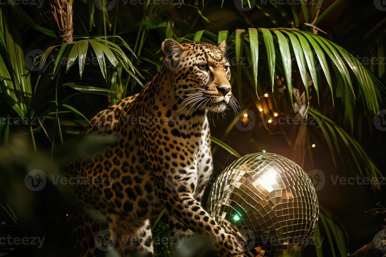 A Leopard with a Mirror Ball at a Jungle Party Event photo