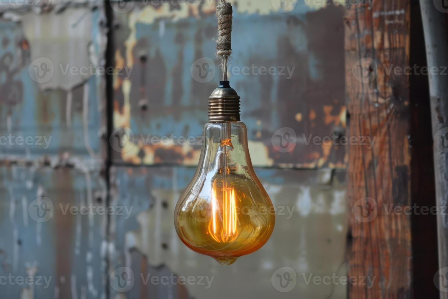 A light bulb hanging from a rope on a rusty wall photo