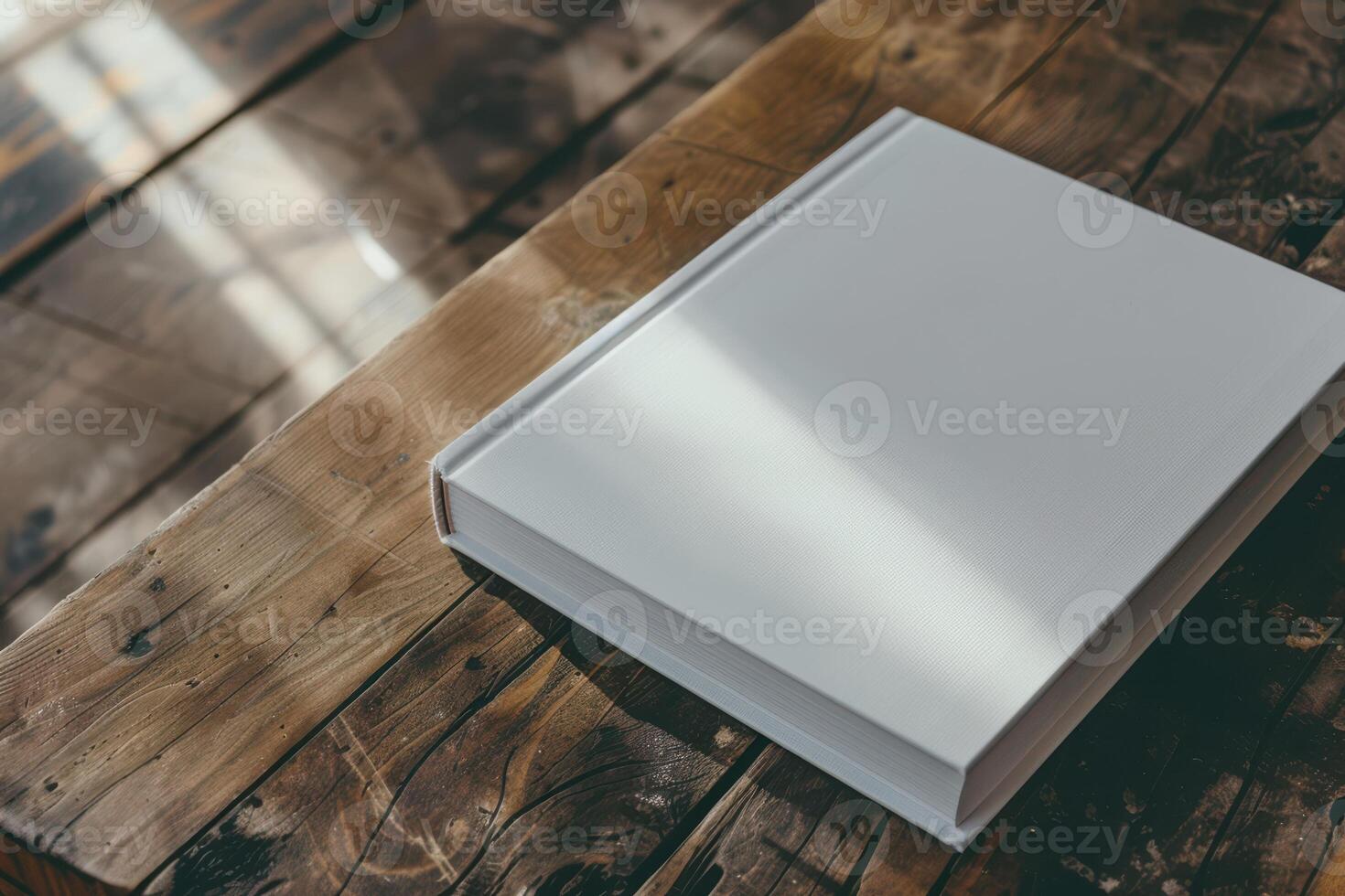 White Book Resting on a Wooden Table, Highlighting a Minimalist and Classic Reading Experience photo