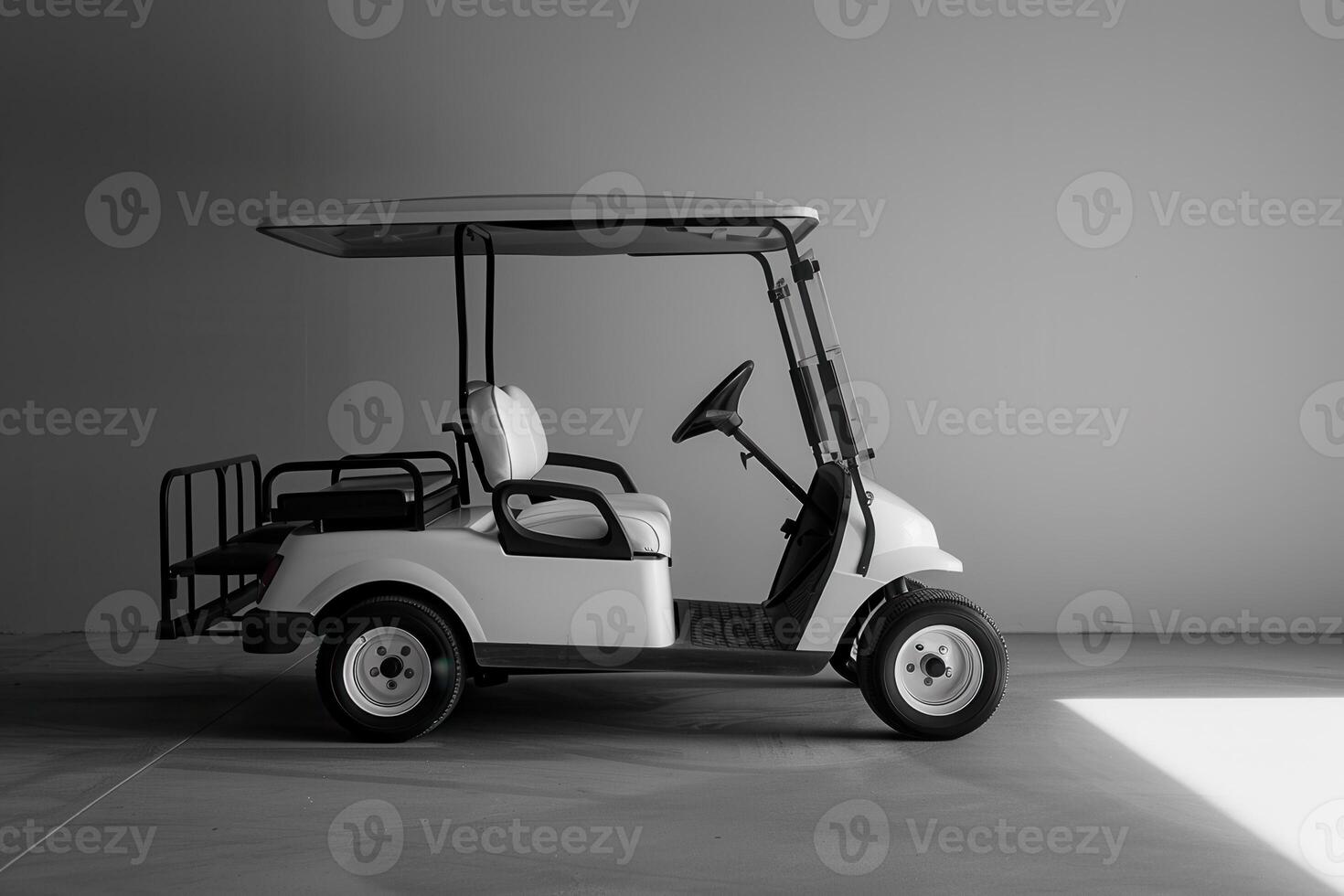White Golf Cart Ready for Use on the Green, Emphasizing Modern and Elegant Transportation photo