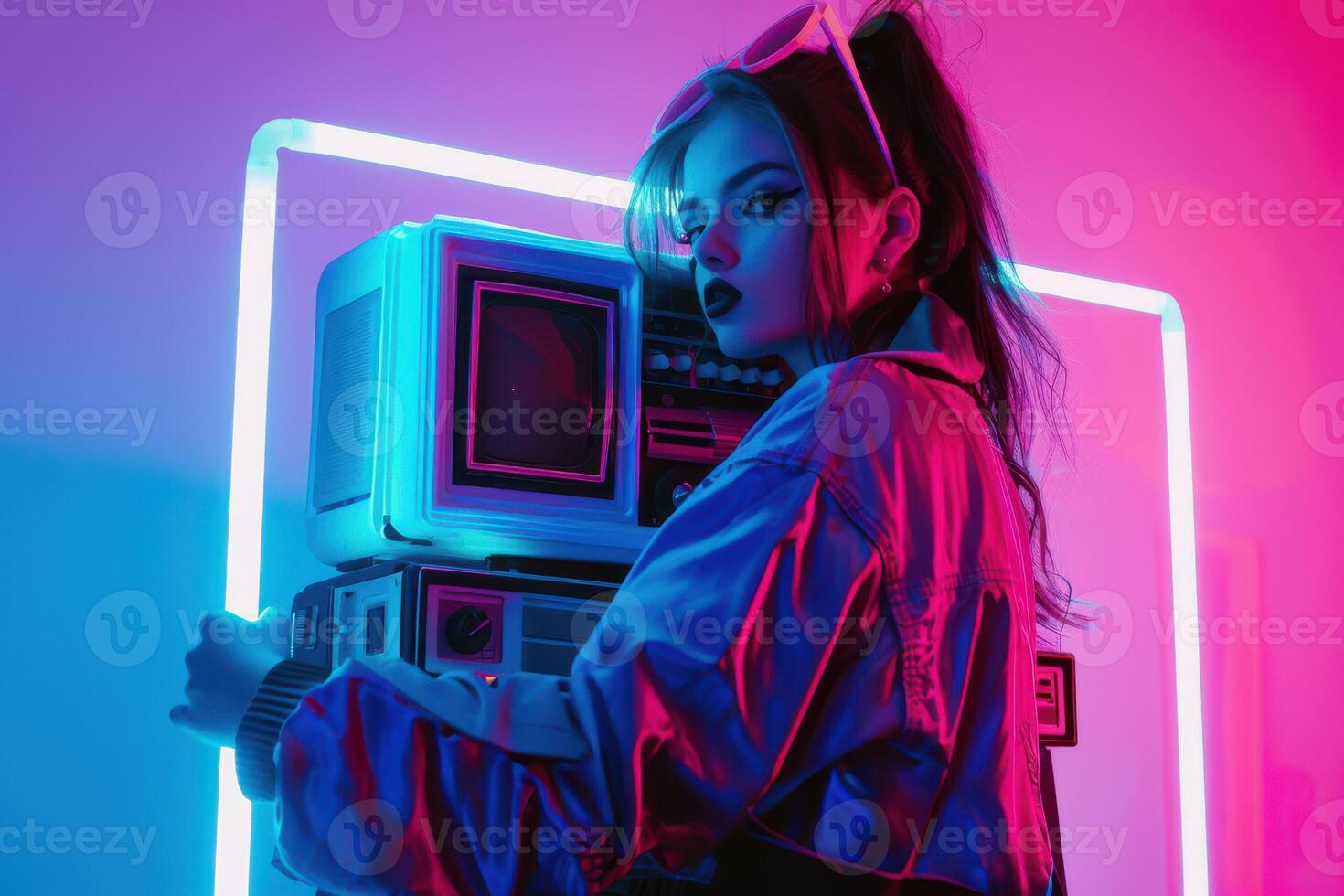 A Woman with a Boombox Surrounded by Blue and Pink Lights, Creating a Vibrant and Retro Atmosphere photo