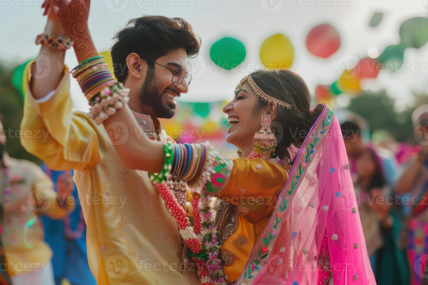 Romantic and Joyful Indian Couple Dancing at a Party, Capturing the Vibrancy of a Festive Celebration photo