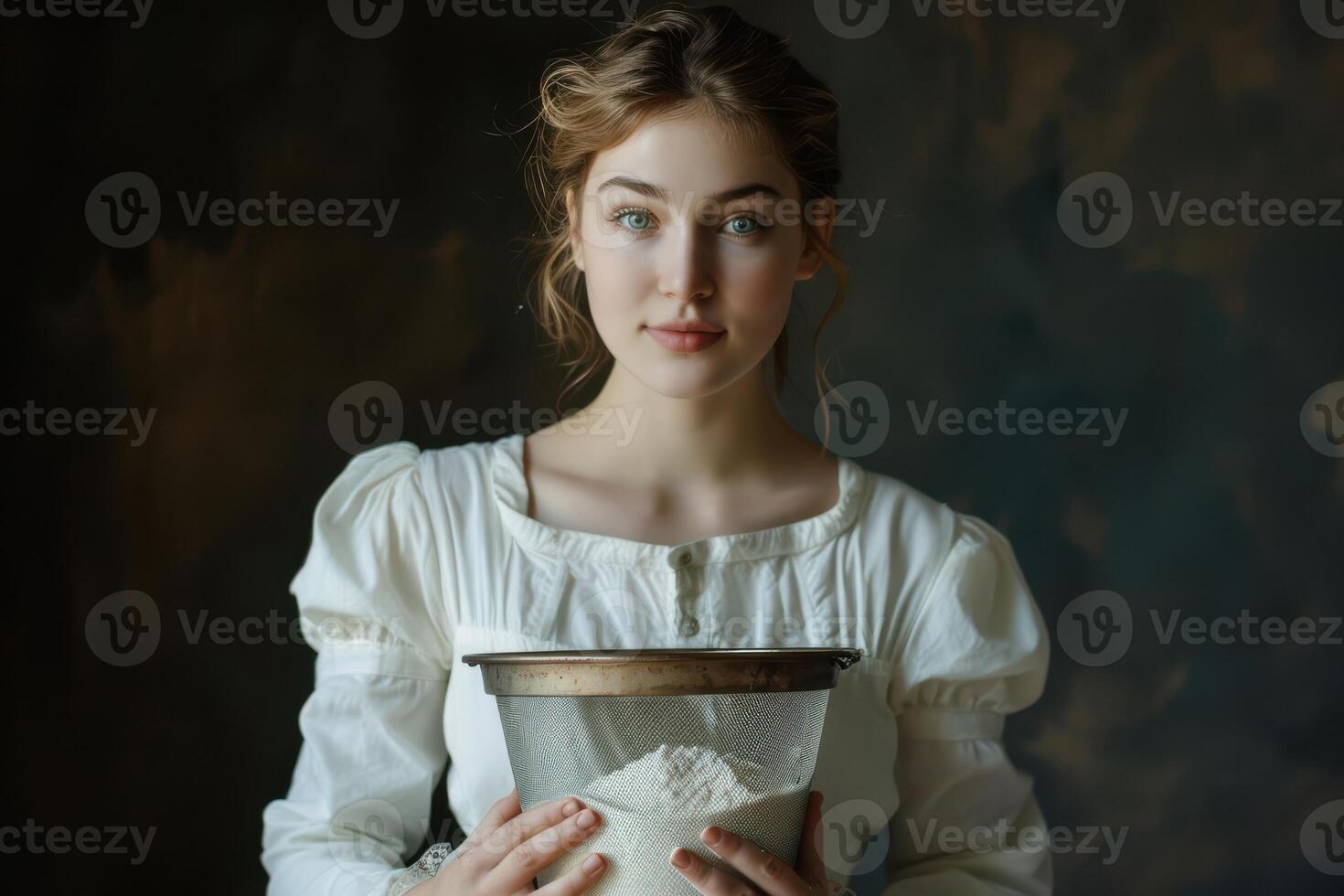 Young Woman Holding a Flour Sifter, Preparing Ingredients for Baking in a Home Kitchen photo