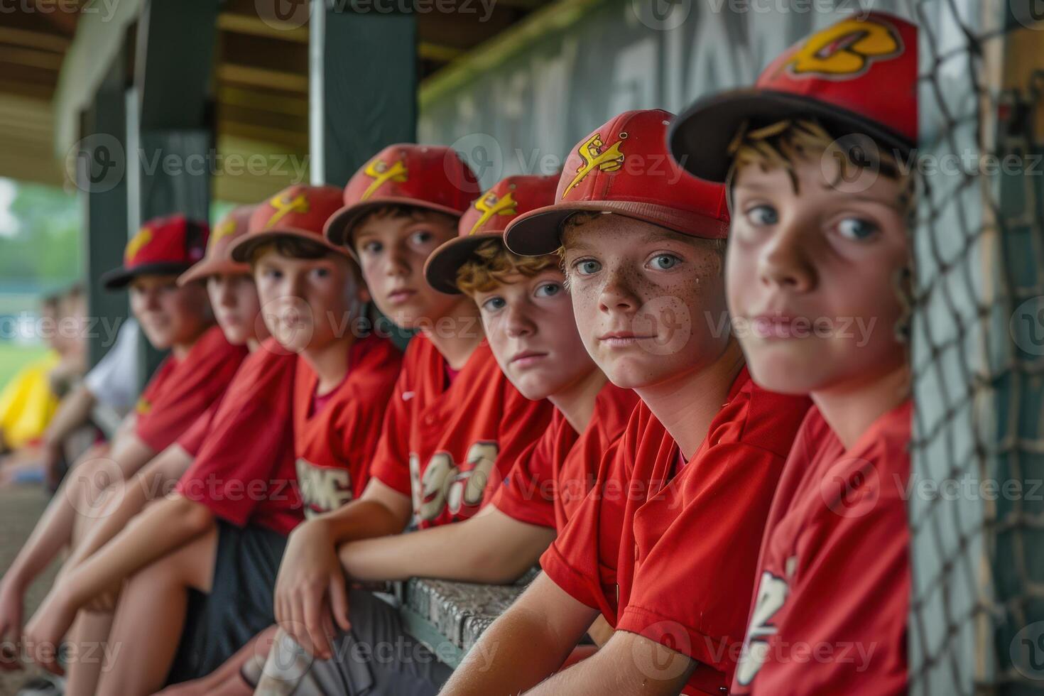 Youth Baseball Team Preparing and Supporting Each Other in the Dugout photo