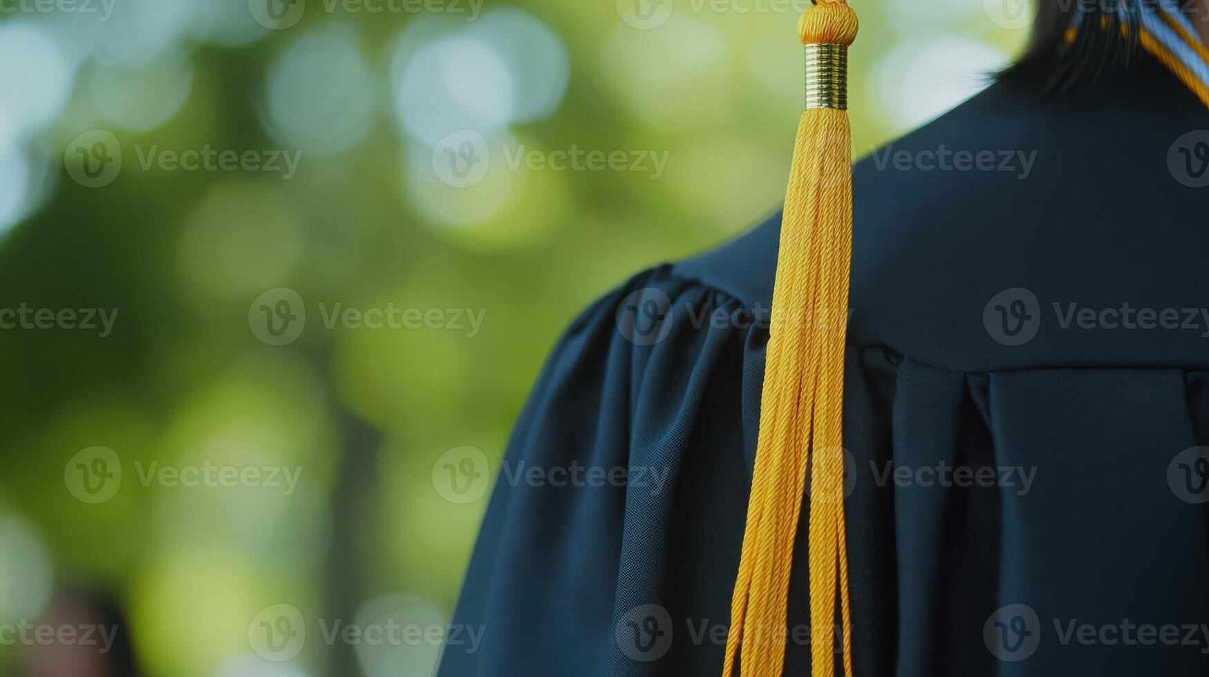 A detailed view of a graduation cap and gown adorned with a bright yellow tassel. photo