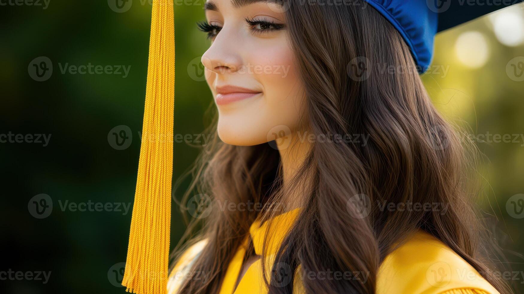 A detailed view of a graduation cap and gown adorned with a bright yellow tassel. photo