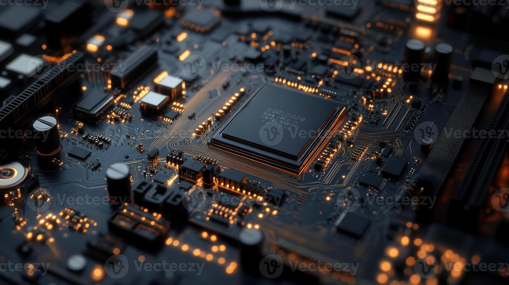 A close up of a computer processor highlighting its complex circuitry. photo