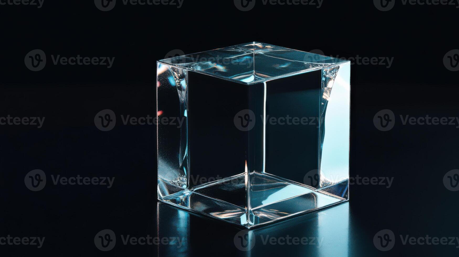 A glass cube contrasts with a black background, showcasing reflections of its surroundings. photo