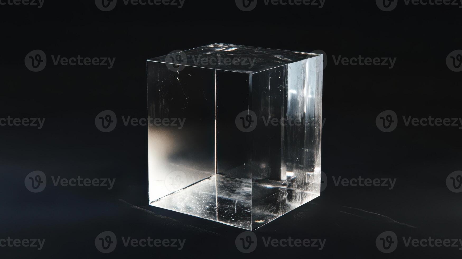 A glass cube is positioned against a black backdrop, reflecting its environment. photo