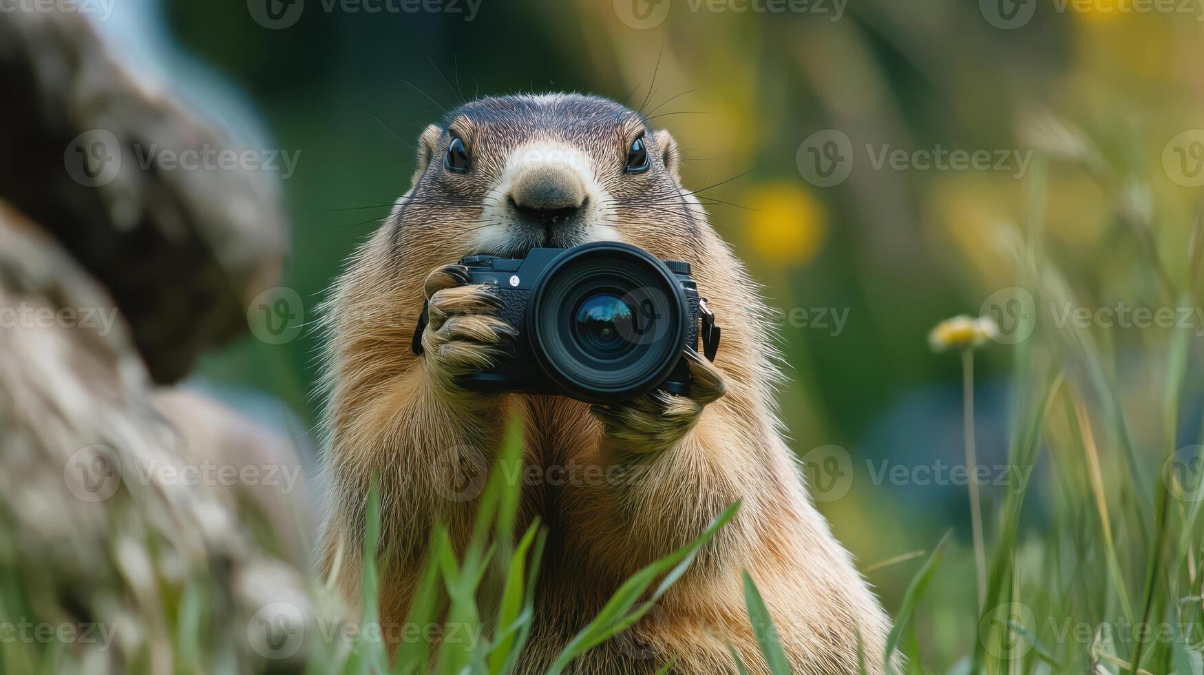 A groundhog captured in the act of photographing with a camera. photo