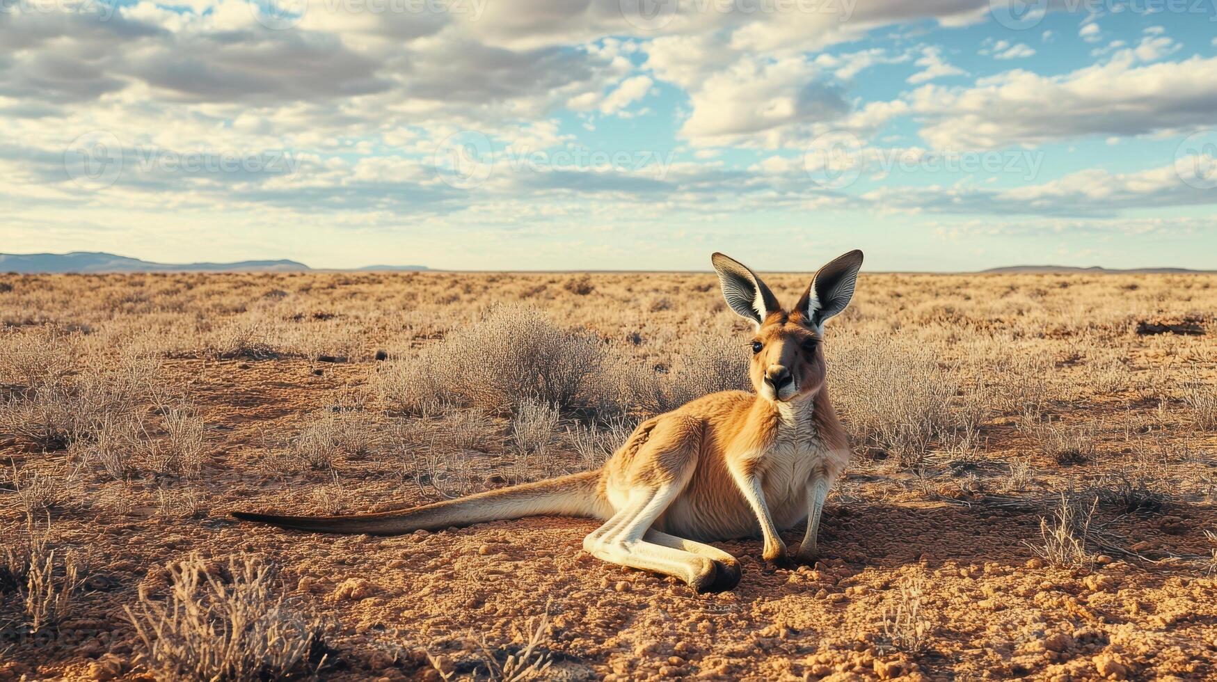 A Kangaroo Resting Alone in an Expansive Desert photo
