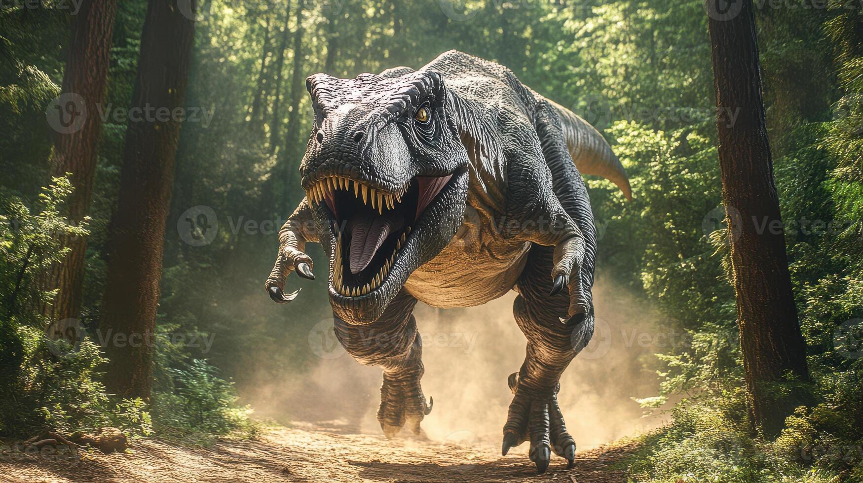 A sizable T-Rex dinosaur replica is depicted running across a display platform photo