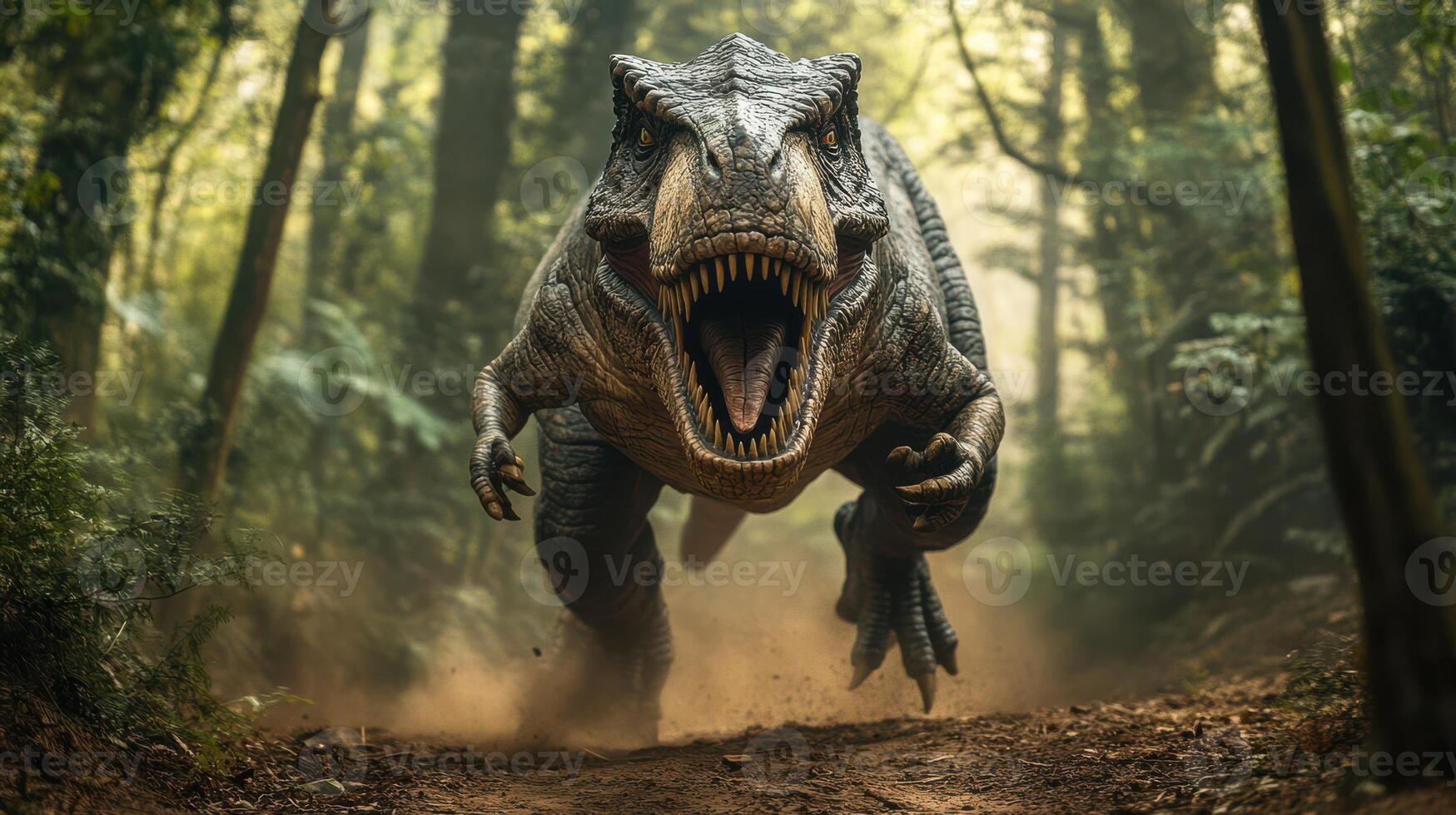 A giant Tyrannosaurus Rex model is seen running on a showcase. photo